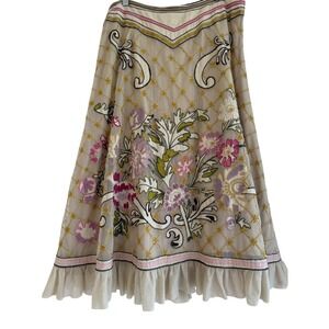 Peruvian Connection Silk Lined Floral Embroidered Mesh Skirt Sz 10 Boho Midi